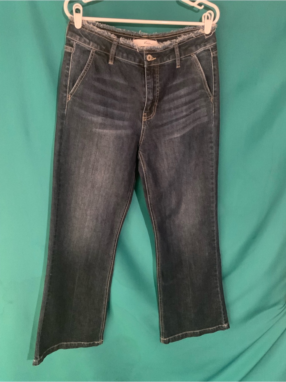 KANCAN “MAKAYLA” ULTRA HIGH RISE FLARE JEANS, FRAYED-EDGE WAIST, DEEP DARK WASH